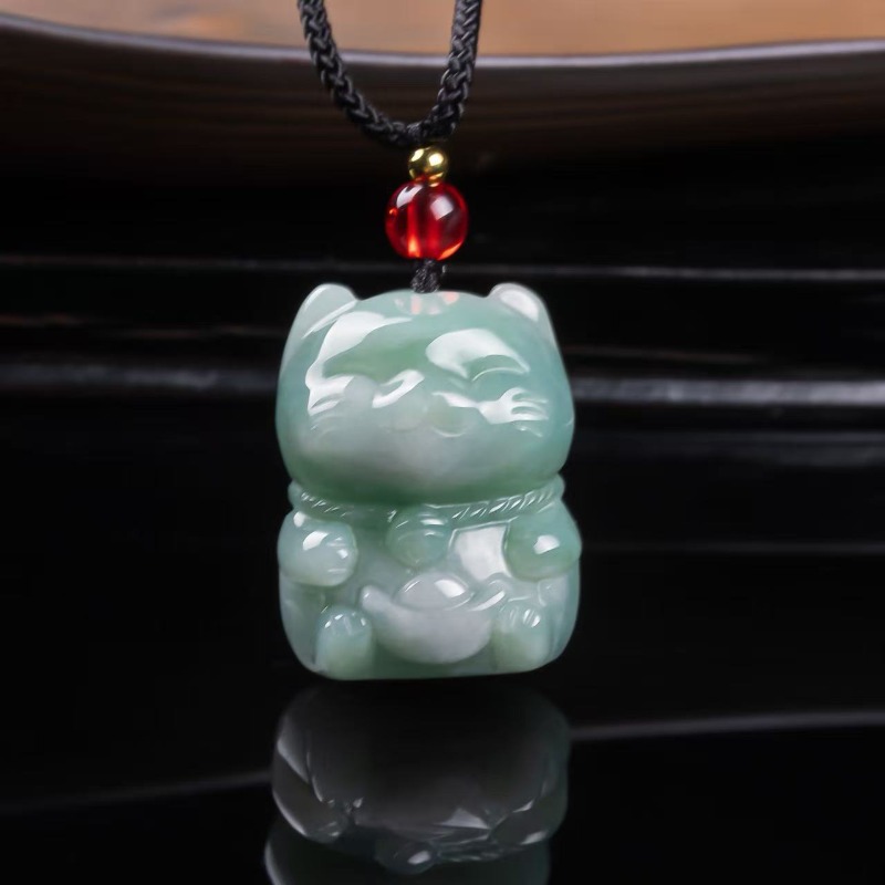 Women Fashion Necklace - 천연 에메랄드 옥 행운의 고양이 펜던트