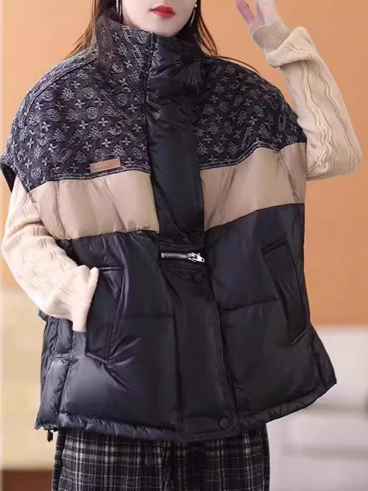 Puffer Vest Fashion Women - 여성용 레트로 다운 재킷 조끼, 대비색