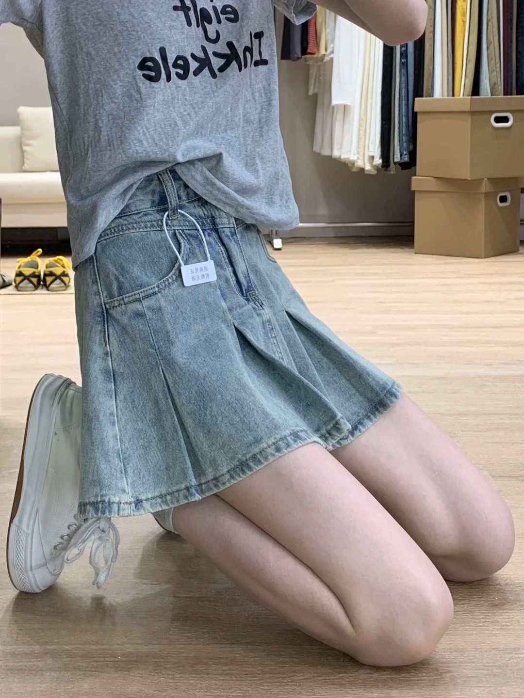 Women Fashion Jeans - 여성 하이웨이스트 데님 플리츠 스커트 빈티지