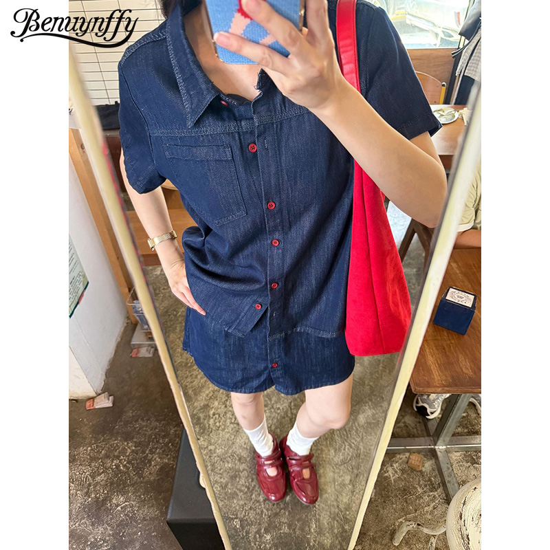Women Fashion Jeans - Benuynffy 레트로 반팔 데님 셔츠 여성