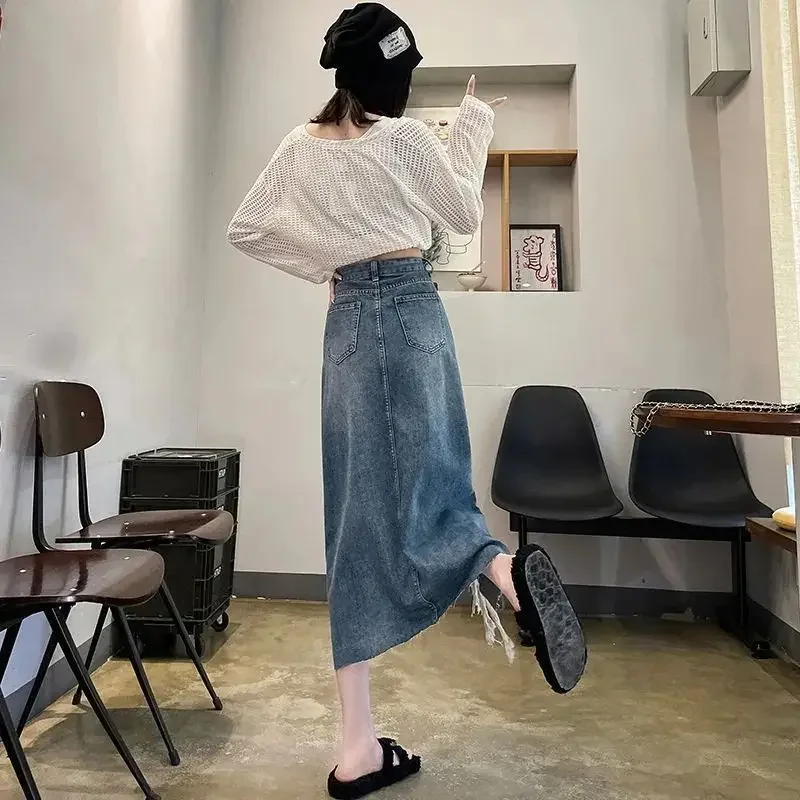 Women Fashion Jeans - 여성용 데님 스커트 하이웨이스트 슬릿 디테일