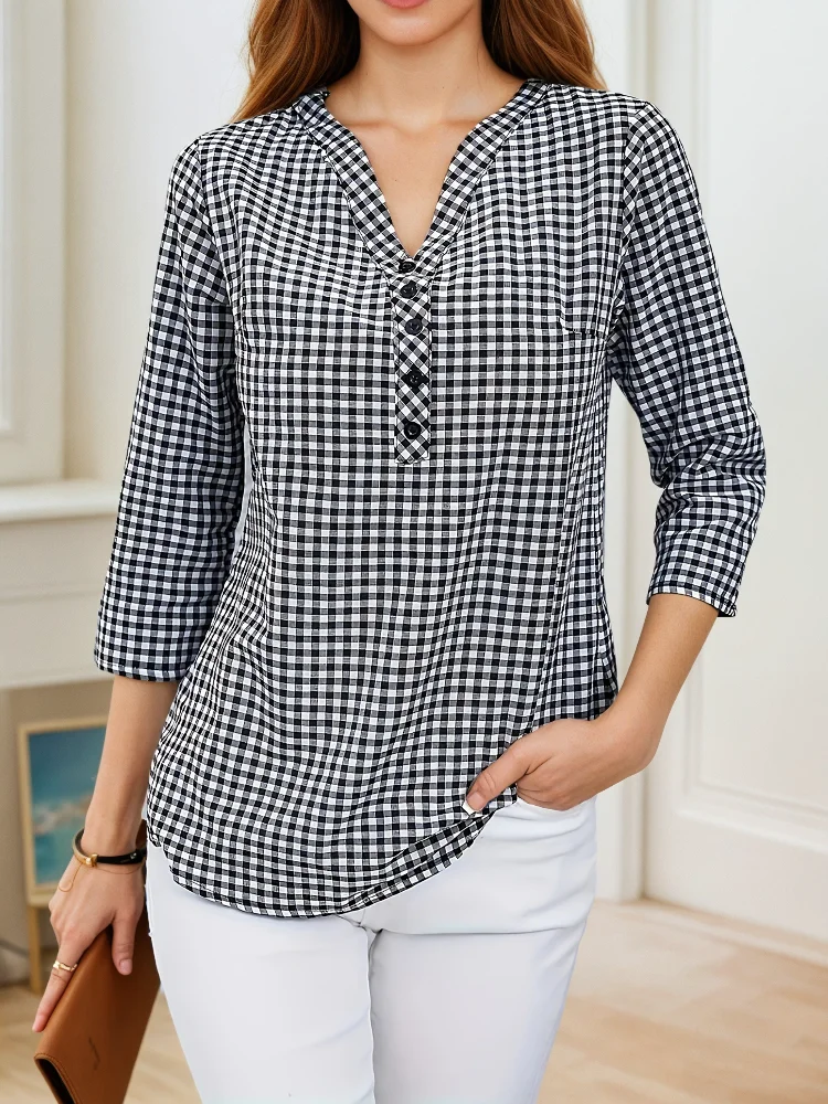 플러스 사이즈 봄 가을 여성 고급 체크 패션 긴팔 V넥 - Women'S Fashion Essentials 리뷰 및 가격