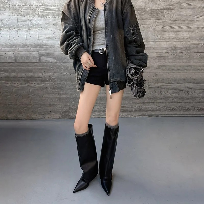 여성용 무릎 높이 부츠 클래식 블랙 뾰족한 가죽 부츠  - Women'S Fashion Trousers 리뷰 및 가격