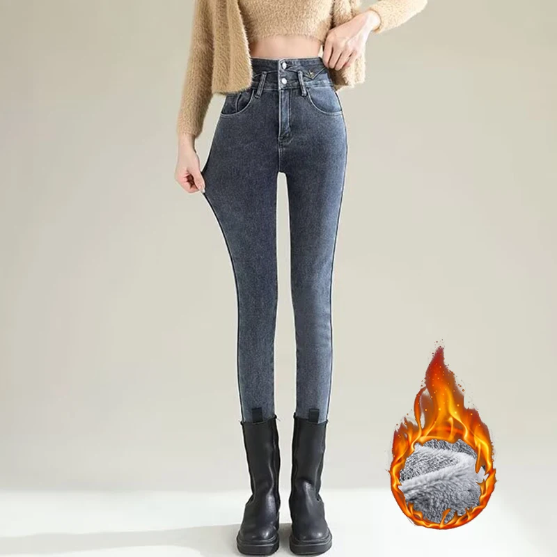 겨울 여성용 시크 플러시 보온 스트레이트 레그 청바지  - Women'S Fashion Trousers 리뷰 및 가격