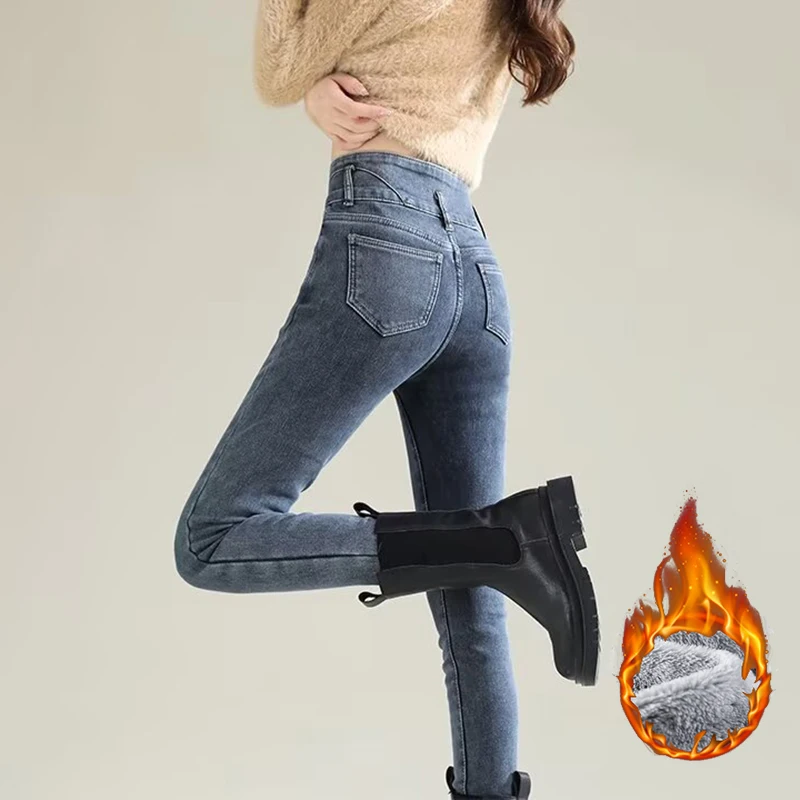 겨울 여성용 시크 플러시 보온 스트레이트 레그 청바지  - Women'S Fashion Trousers 리뷰 및 가격
