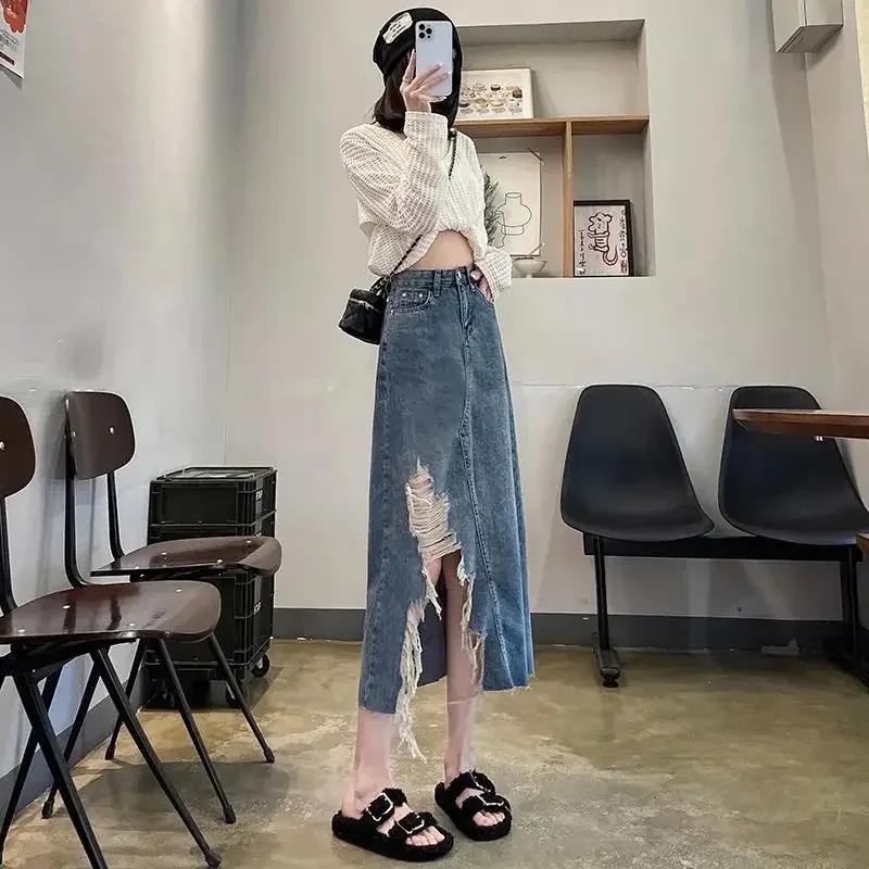 여성용 데님 스커트 하이웨이스트 슬릿 디테일 찢어진 여 - Women Fashion Jeans 리뷰 및 가격
