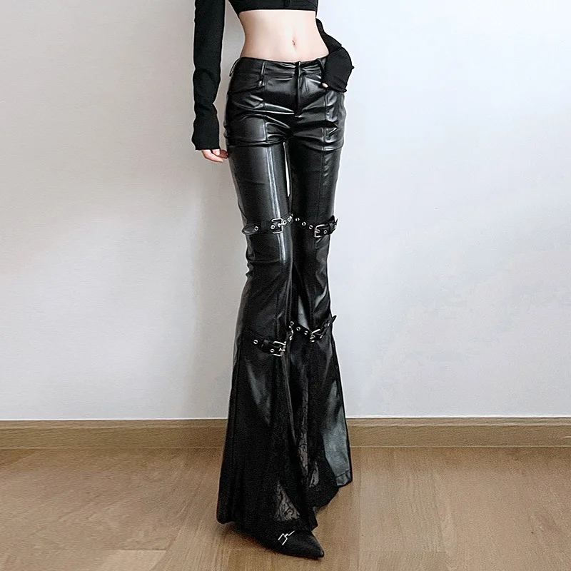 여성용 PU 가죽 플레어 팬츠, 고딕 버클, 레이스 패 - Women'S Fashion Trousers 리뷰 및 가격