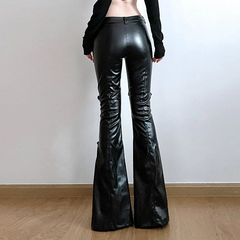 여성용 PU 가죽 플레어 팬츠, 고딕 버클, 레이스 패 - Women'S Fashion Trousers 리뷰 및 가격