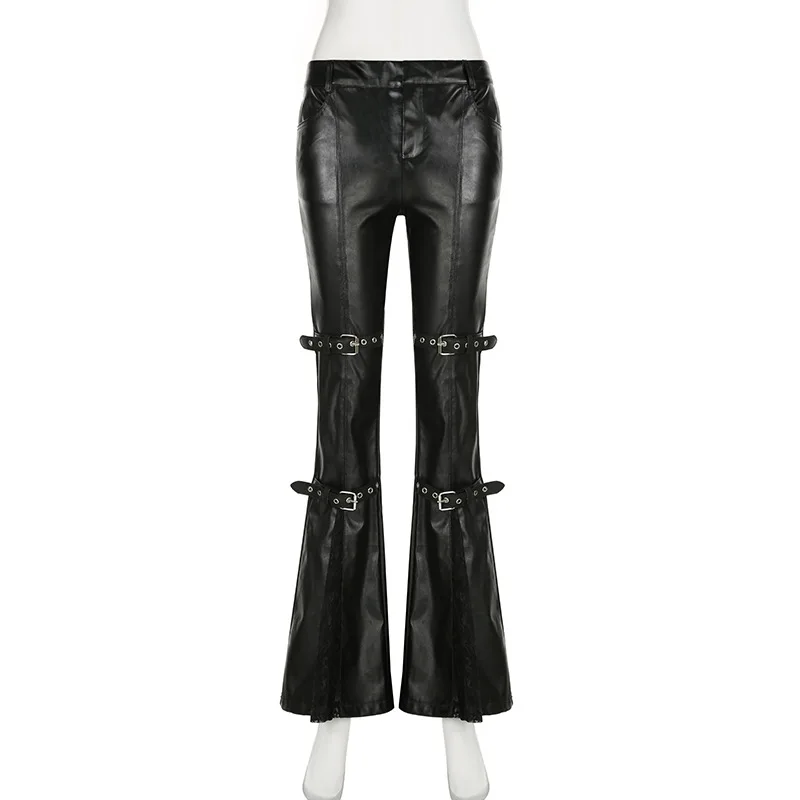 여성용 PU 가죽 플레어 팬츠, 고딕 버클, 레이스 패 - Women'S Fashion Trousers 리뷰 및 가격